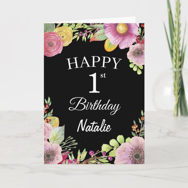 Carte noire de couleur d'eau de 1er anniversaire F (Devant)