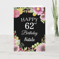 Carte noire de fleurs florales aquarelle pour 62e
