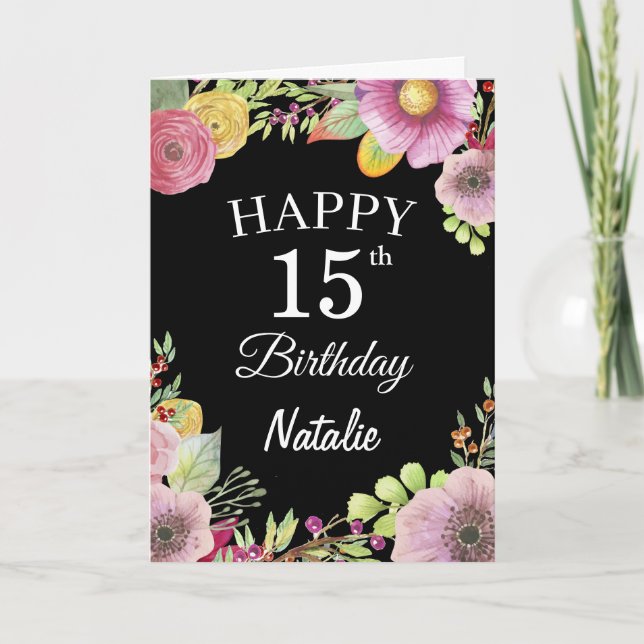 Carte noire de fleurs florales aquarelles pour 15e (Devant)