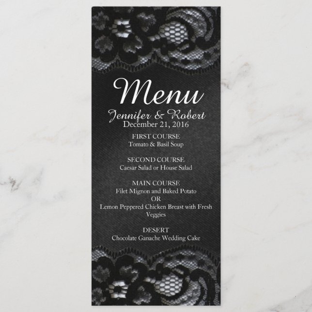 Carte noire de menu de mariage de dentelle et de (Devant)