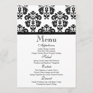 Carte noire et blanche de menu de mariage damassé