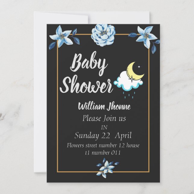 Carte noire fleurs bleues Boy baby shower invitati (Devant)