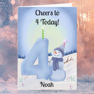 Carte Nom 4e anniversaire Bonhomme de neige avec Quatre
