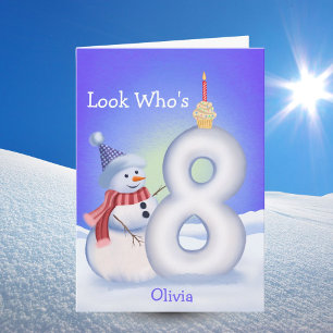 Carte Nom 8e Anniversaire Bonhomme de Neige Neigeux Huit