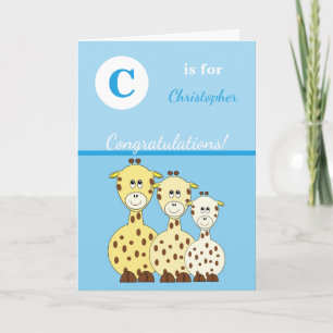 Carte Nom alphabet nouveau bébé girafes mignonnes bleues