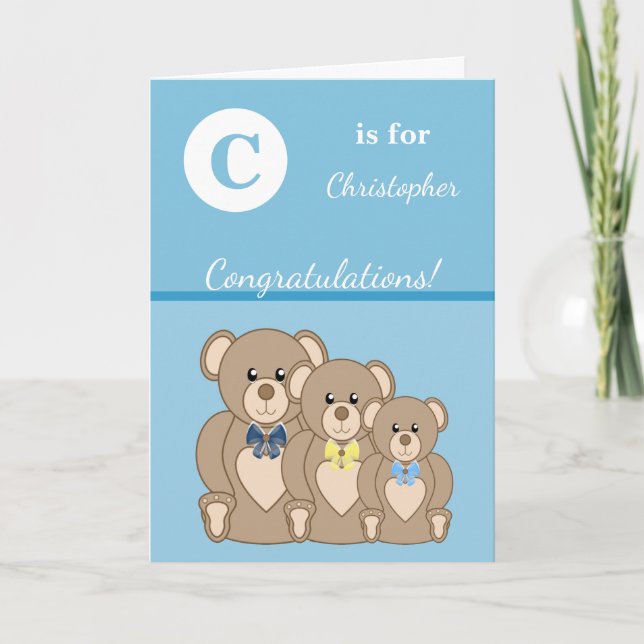 Carte Nom alphabet nouveau bébé mignon nounours bleu (Devant)