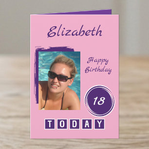 Carte nom de 1 photo rose violet 18e anniversaire