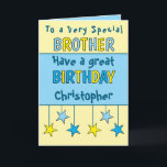 Carte Nom du frère spécial bleu anniversaire<br><div class="desc">Fêtez votre frère extraordinaire avec cette carte d'anniversaire vibrante ! C’est le moyen idéal de lui faire savoir à quel point il est spécial. Ajoutez une touche personnelle en incluant son nom et un message d'anniversaire chaleureux pour rendre sa journée inoubliable. Cette carte est une excellente façon de dire, "Joyeux...</div>