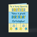 Carte Nom du frère spécial bleu anniversaire<br><div class="desc">Fêtez votre frère extraordinaire avec cette carte d'anniversaire vibrante ! C’est le moyen idéal de lui faire savoir à quel point il est spécial. Ajoutez une touche personnelle en incluant son nom et un message d'anniversaire chaleureux pour rendre sa journée inoubliable. Cette carte est une excellente façon de dire, "Joyeux...</div>