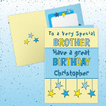 Carte Nom du frère spécial bleu anniversaire<br><div class="desc">Fêtez votre frère extraordinaire avec cette carte d'anniversaire vibrante ! C’est le moyen idéal de lui faire savoir à quel point il est spécial. Ajoutez une touche personnelle en incluant son nom et un message d'anniversaire chaleureux pour rendre sa journée inoubliable. Cette carte est une excellente façon de dire, "Joyeux...</div>