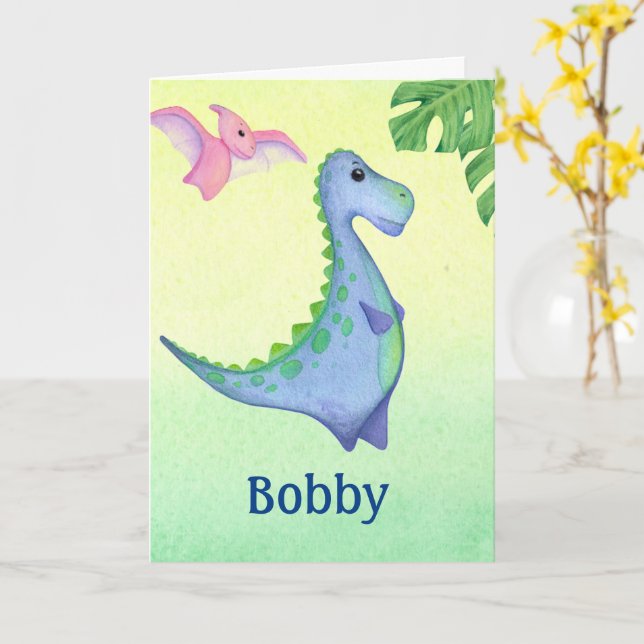 Carte Nom et âge du garçon dinosaure Joyeux anniversaire (Fleur jaune)