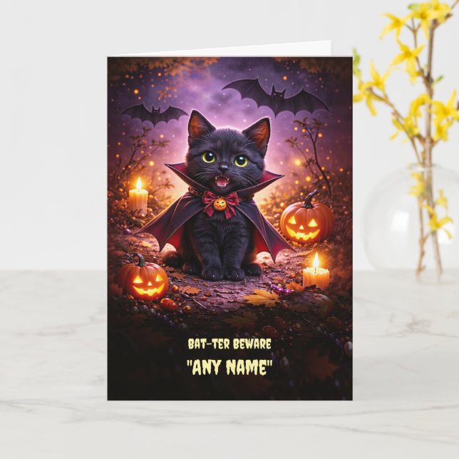 Carte Nom Halloween spécifique avec chauves-souris de ch (Fleur jaune)