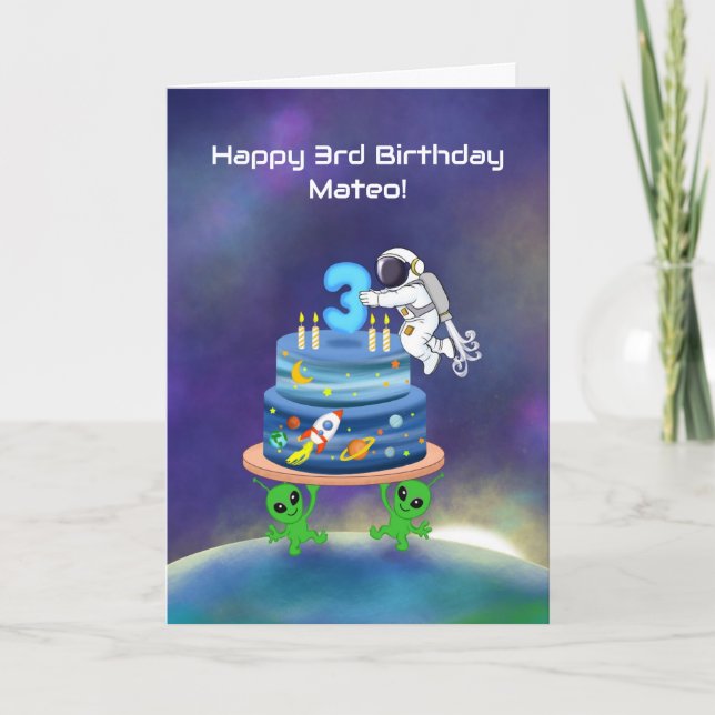 Carte Nom Joyeux 3ème Anniversaire Astronaute avec Alien (Devant)