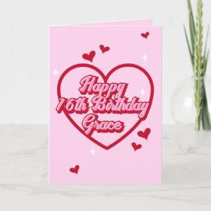 Carte Nom mignon Pink Retro Heart Girly 16e anniversaire