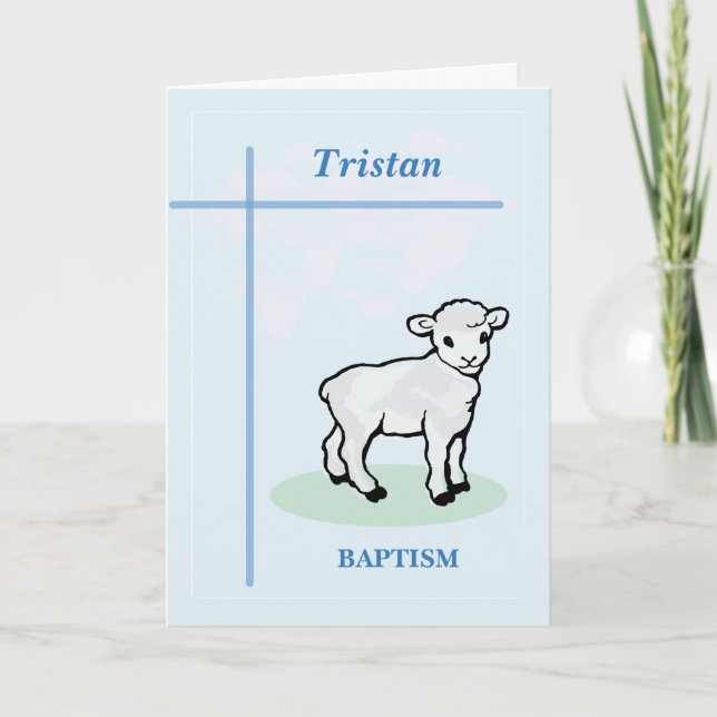 Carte Nom personnalisable Baptême Agneau Garçon Bleu (Devant)