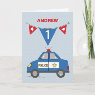 Carte Nom personnalisé 1er anniversaire voiture de polic