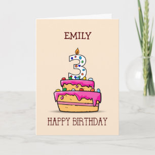Carte Nom personnalisé, 3e anniversaire, 3 sur gâteau ro