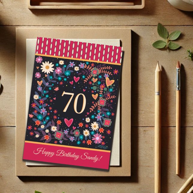 Carte Nom personnalisé 70e anniversaire Coeurs floraux (Créateur téléchargé)