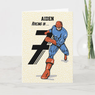 Carte Nom personnalisé, Aiden, 7e anniversaire Superhero