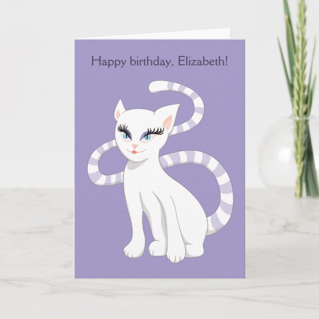 Carte Nom personnalisé Beau chat blanc Anniversaire (Devant)