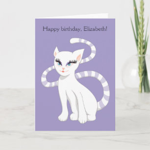 Carte Nom personnalisé Beau chat blanc Anniversaire