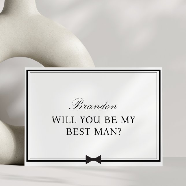 Carte Nom personnalisé Bowtie Best Man Proposition (Pop the question with this best man card, designed with a bowtie & simple black-and-white elegance. )