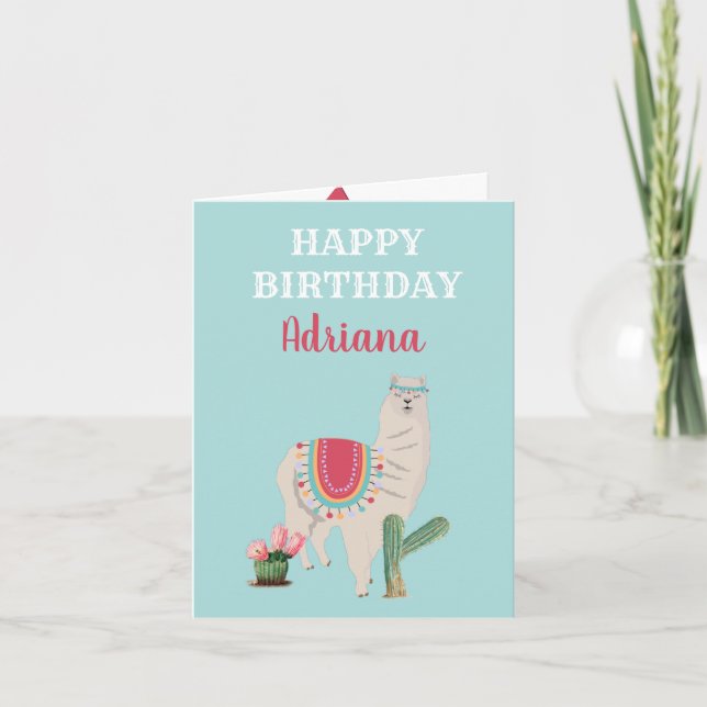 Carte Nom personnalisé Cute Llama Cactus Anniversaire (Devant)
