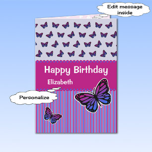 Carte Nom personnalisé d'anniversaire papillon moderne