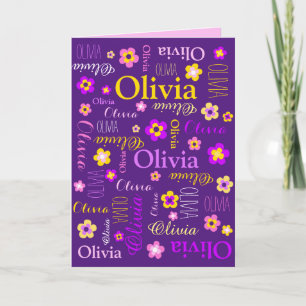 Carte Nom personnalisé et fleurs graphiques rose violet