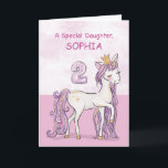 Carte Nom personnalisé Fille 2e Anniversaire Cheval Rose<br><div class="desc">Un doux poney rose tout comme votre fille est en train de caracoler avec le numéro deux ! Des détails dorés sont tissés dans sa crinière et sa queue. Carte parfaite pour souhaiter à votre fille son 2e anniversaire ! Personnalisez cette carte avec le nom de votre fille. (Couleur dorée...</div>