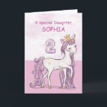 Carte Nom personnalisé Fille 2e Anniversaire Cheval Rose<br><div class="desc">Un doux poney rose tout comme votre fille est en train de caracoler avec le numéro deux ! Des détails dorés sont tissés dans sa crinière et sa queue. Carte parfaite pour souhaiter à votre fille son 2e anniversaire ! Personnalisez cette carte avec le nom de votre fille. (Couleur dorée...</div>