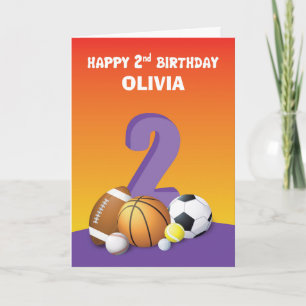 Carte Nom personnalisé Fille 2e anniversaire Sports Ball