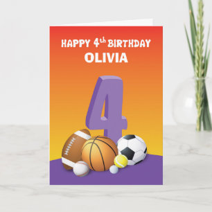 Carte Nom personnalisé Fille 4e anniversaire Sports Ball