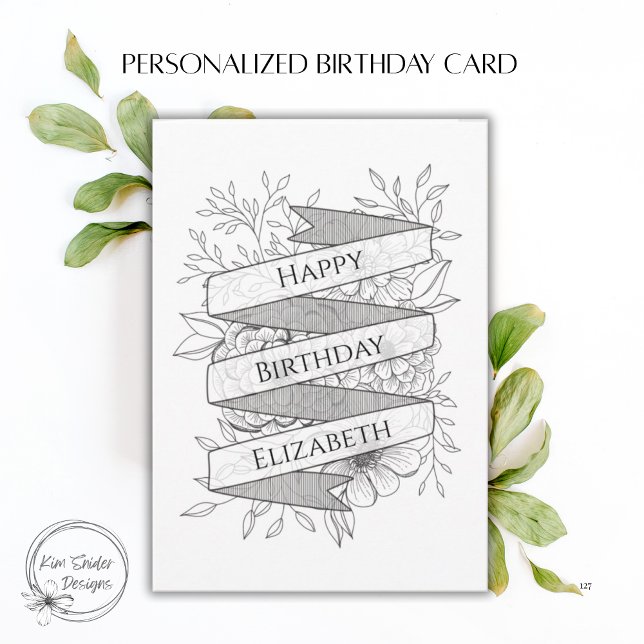 Carte Nom personnalisé Fleur de naissance noir et blanc (Créateur téléchargé)