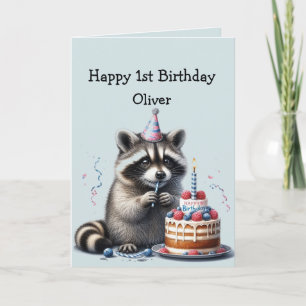 Carte Nom personnalisé Fun Raccoon 1er anniversaire