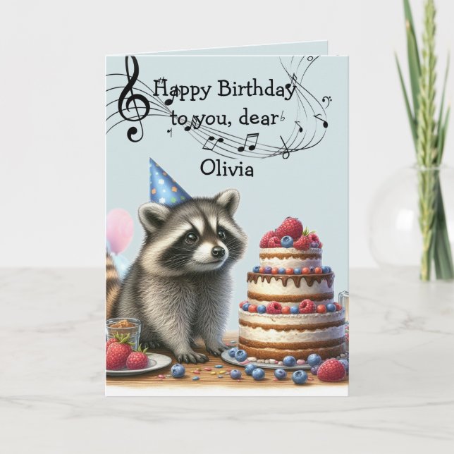 Carte Nom personnalisé Fun Raccoon Anniversaire Gâteau (Devant)