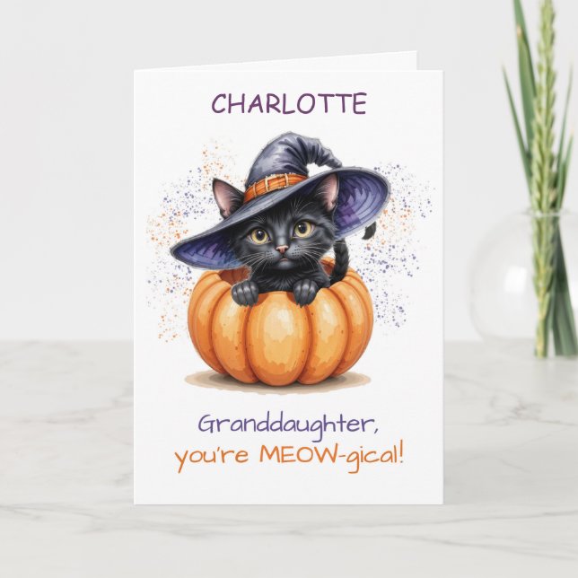Carte Nom personnalisé Grand-fille Halloween Cute Chat (Devant)
