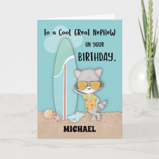 Carte Nom personnalisé Grand Nephew Birthday Beach Racco (Devant)