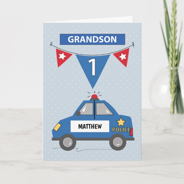 Carte Nom personnalisé Grandson 1er anniversaire Blue Po (Devant)