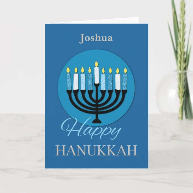 Carte Nom personnalisé Hanoukka Menorah sur bleu foncé (Devant)
