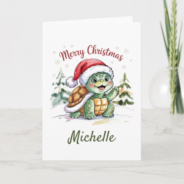 Carte Nom personnalisé Joyeuse tortue de Noël à Père Noë (Devant)