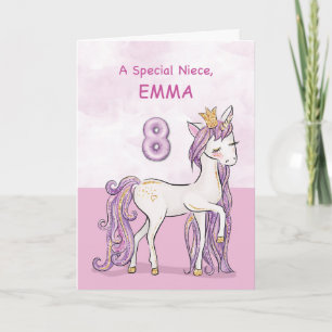 Carte Nom personnalisé Nièce 8e anniversaire Cheval Rose
