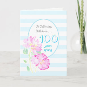 Carte Nom personnalisé Roses roses et rayures roses 100e