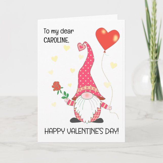 Carte Nom personnalisé Valentine's mignonne Gnome et Ros (Devant)