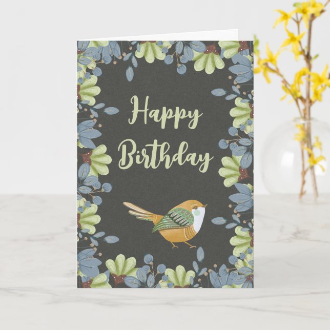 Carte Nordique Vert Oiseau Floral Aquarelle Anniversaire (Fleur jaune)