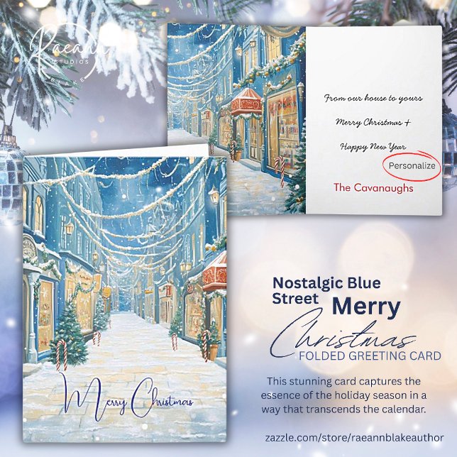 Carte Nostalgique Blue Christmas Street Greeting Card (Créateur téléchargé)