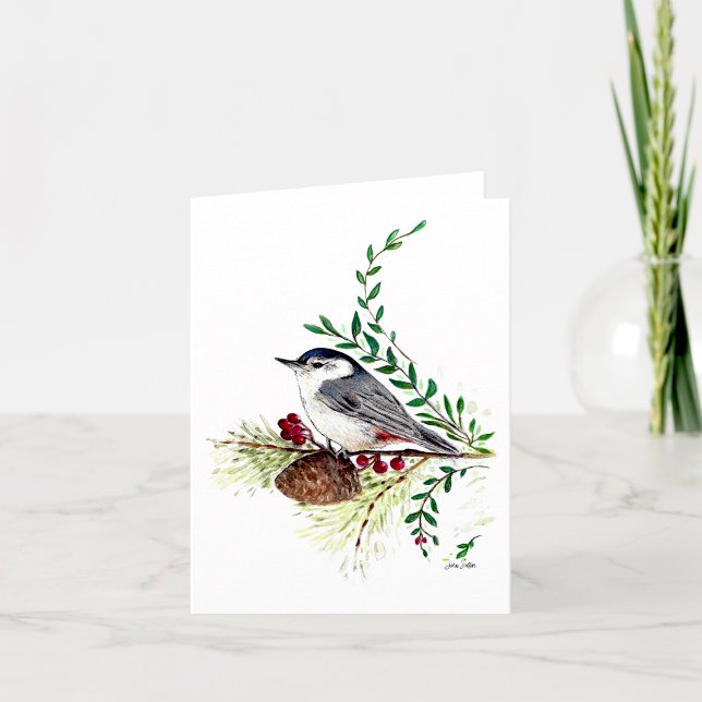 Carte Nota Nuthatch Beautiful Watercolor (Nuthatch Beautiful Watercolor Bird On Branch Pine Cone by Jenn Steffen Art)