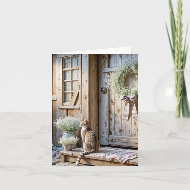 Carte Note Card Farmhouse Cat With Baby's Breath Wreath (Devant)