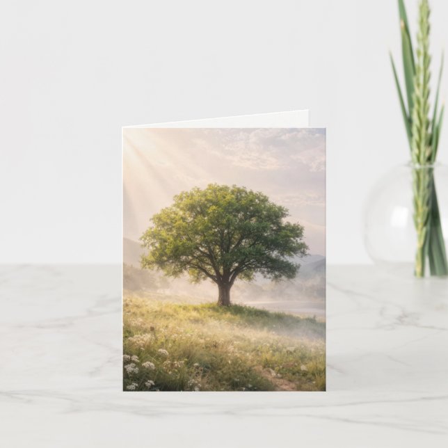 Carte Note Card Solitary Green Tree with Sunbeams (Devant)