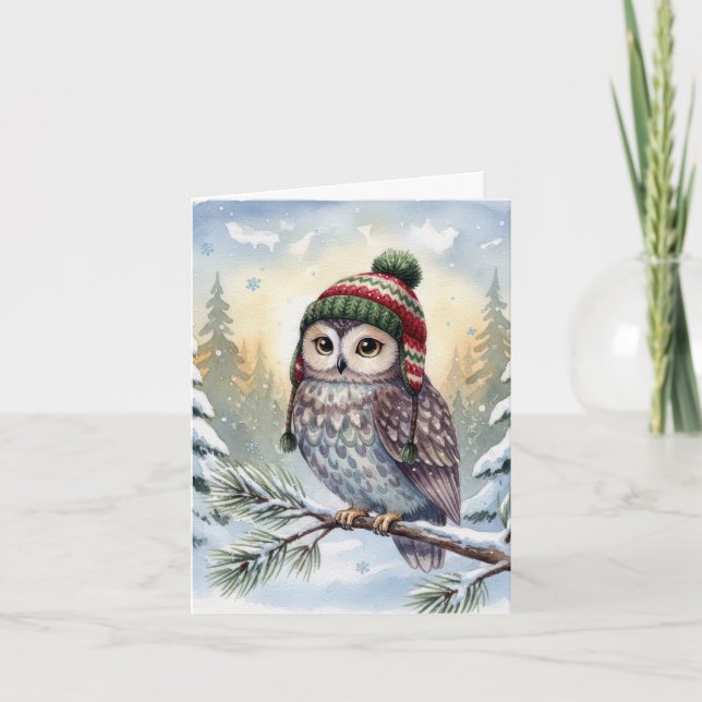 Carte Note Card Watercolor Owl In Winter Hat (Devant)